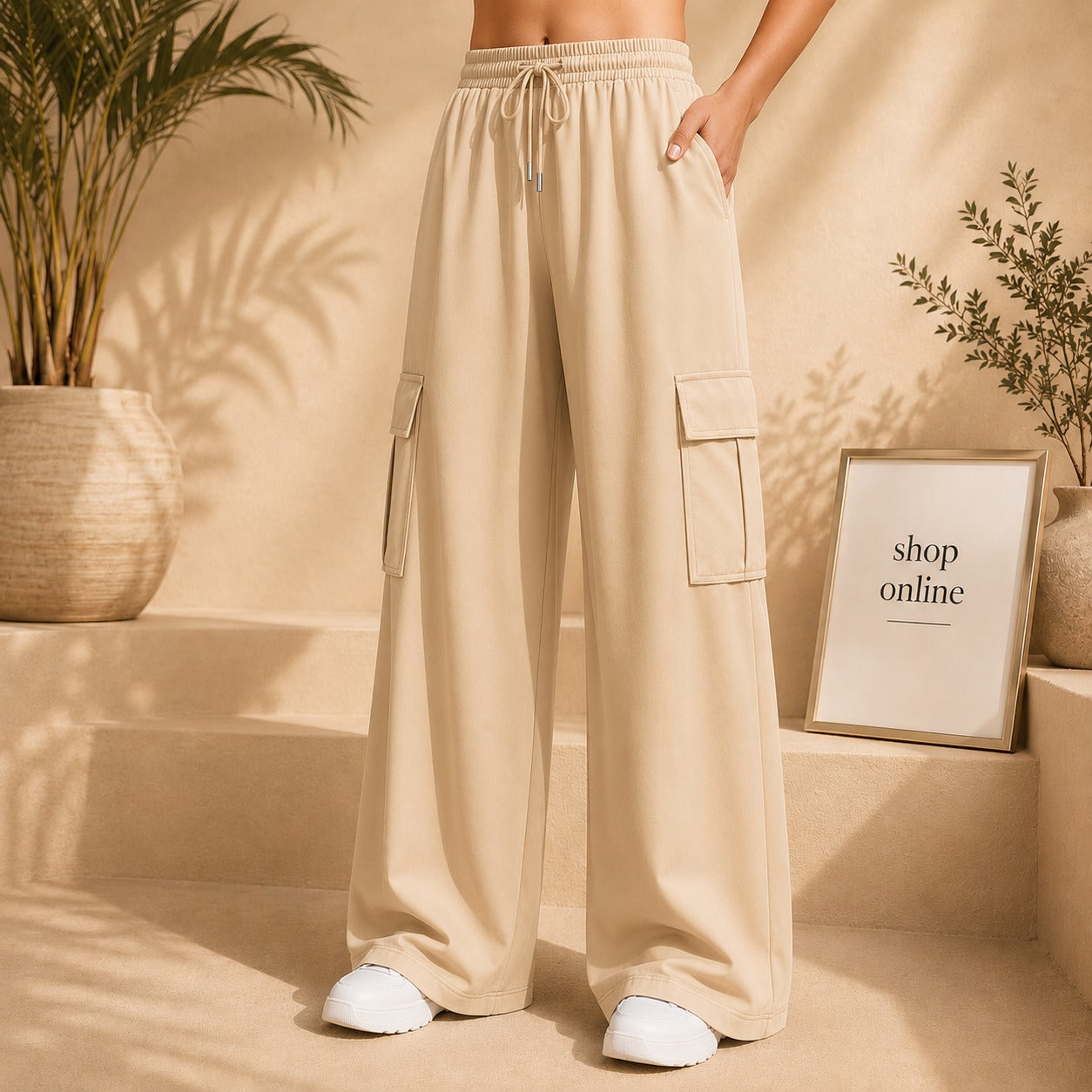Basic Beige Cargo  Wide Leg Trouser