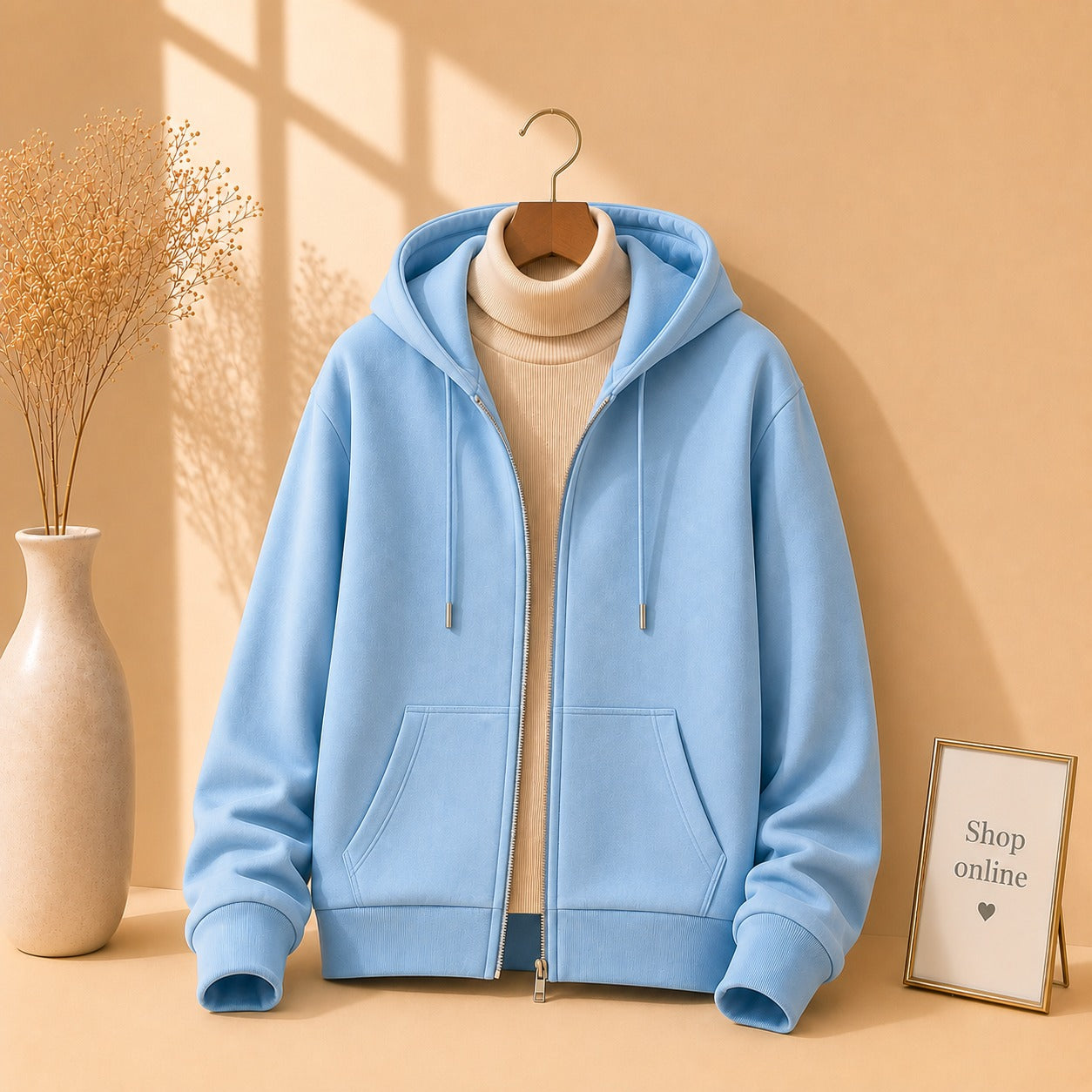 Basic Sky Blue Zipper with Beige Ribknit Highneck