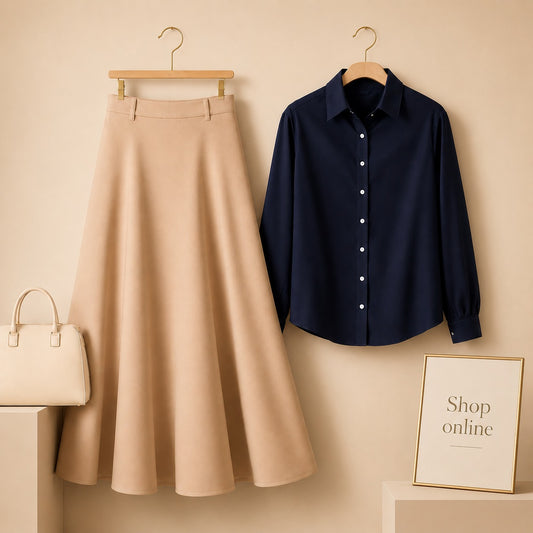 Navy Blue Button Down Shirt with Beige Cotton Twill Skirt