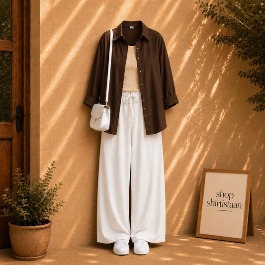 Brown Button Down Shirt With Beige  Tank top and White Flapper