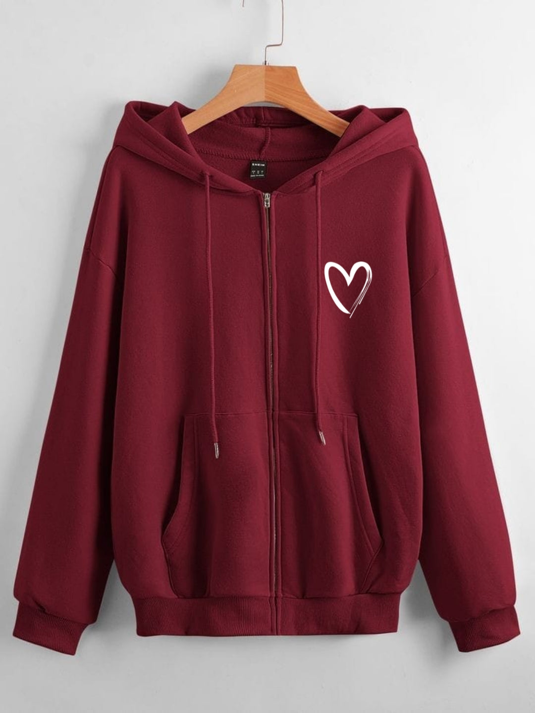 MAROON ZIPPER HOOD POCKET SHREDDED HEART