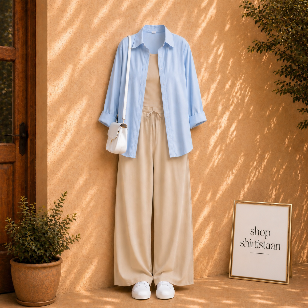 Sky Blue Button Down Shirt With Beige Tanktop and Beige Flapper