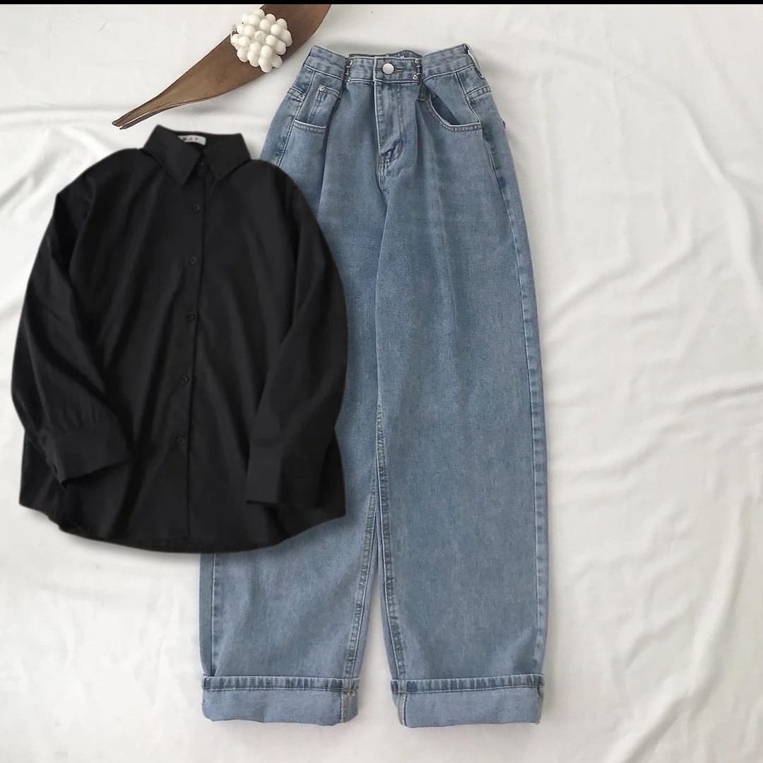 BLACK BUTTON SHIRT WITH SKY BLUE WIDE LEG JEANS